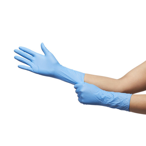 Blue Nitrile gloves with extended cuff.