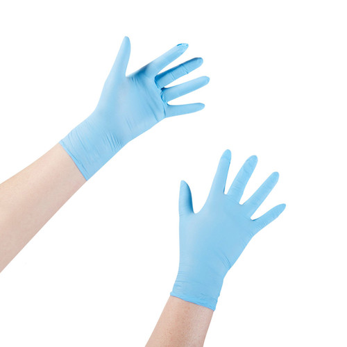 Light blue nitrile gloves.